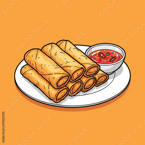 A plate of delicious golden brown spring rolls served with a side of sweet chili dipping sauce, presented as a vector illustration.