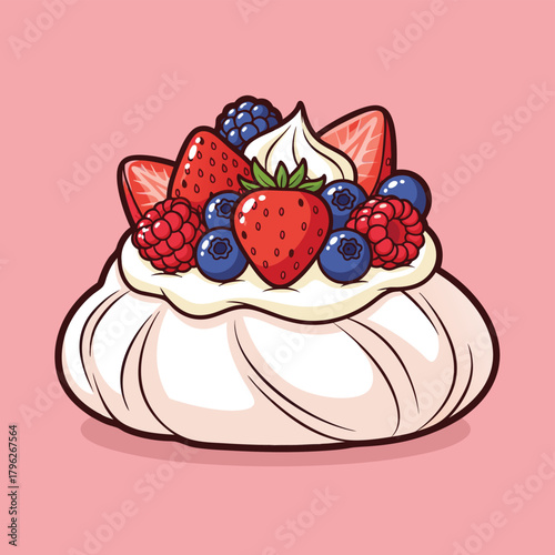 A cartoon illustration of a Pavlova meringue dessert topped with whipped cream and fresh mixed berries.