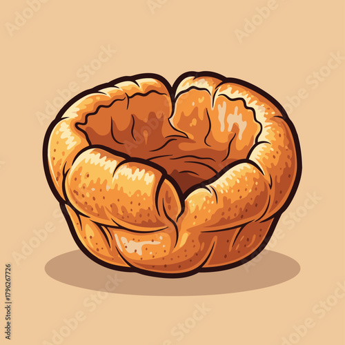 A detailed vector illustration of a single, golden brown, freshly baked Yorkshire pudding.