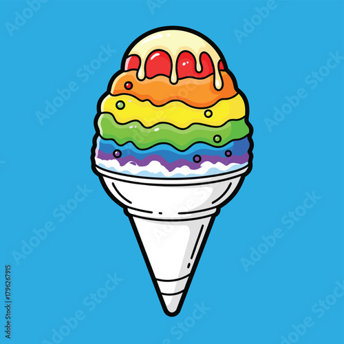 A colorful cartoon illustration of a rainbow shaved ice snow cone with a creamy topping and cherry syrup.