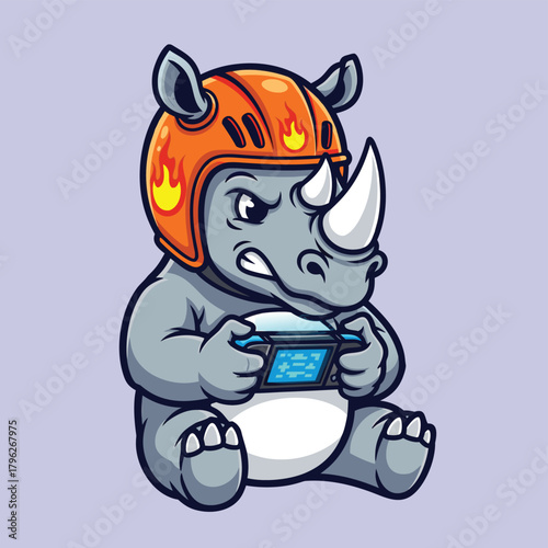 A fierce cartoon rhinoceros gamer wearing a fiery helmet plays on a handheld console.