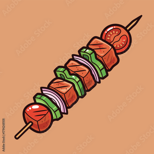 A colorful cartoon illustration of a grilled shish kebab with meat and vegetables on a skewer.