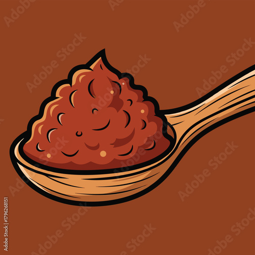 A cartoon vector illustration of a wooden spoon holding a mound of red chili paste or a spicy sauce.