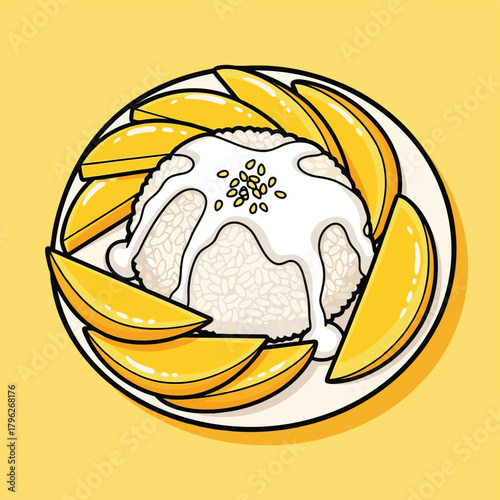 A cartoon illustration of Thai mango sticky rice dessert, served on a plate with fresh mango slices and coconut cream.