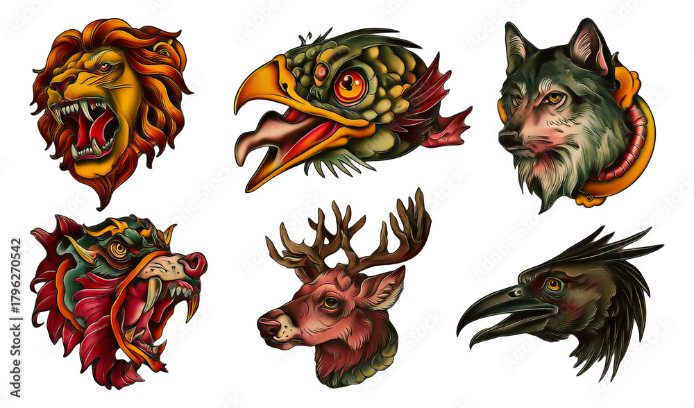 Naklejka premium Vibrant Animal Illustrations with Unique Styles and Detailed Features on Transparent Background