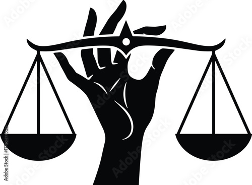 Justice scale silhouette, hand holding balance, black and white art, fairness symbol, legal concept, ethical decision, equality icon, stylized justice
