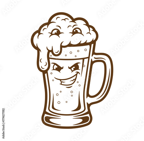 Cartoon beer mug mascot with grinning face and frothy foam outline vector illustration