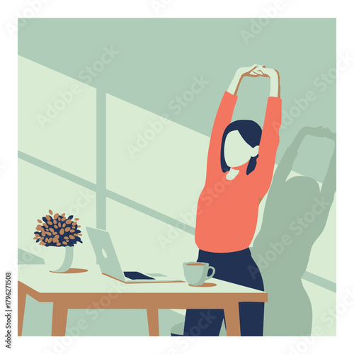 Woman stretching in the sunlight in a modern workspace, enjoying a peaceful moment of wellness and balance at her desk before starting the day