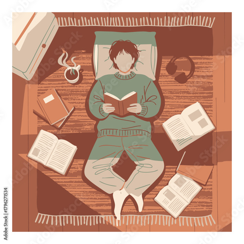 Relaxed vibes as a young adult immerses themselves in a captivating book, cozy on a rug at home, seeking knowledge and inspiration in a tranquil, personal retreat