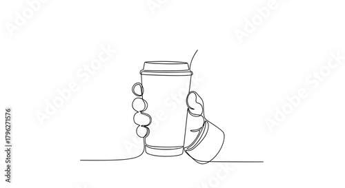 Gloved hand holding coffee cup line art representing winter coziness