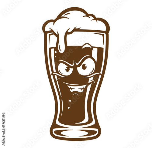 Cartoon character beer glass with funny face and thick white foam for brewery designs