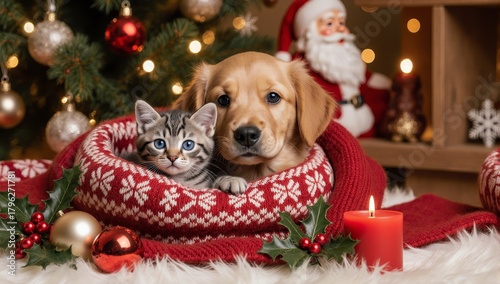 Adorable golden retriever puppy and tabby kitten snuggled together in a red knitted blanket near christmas tree with festive decorations and glowing candle