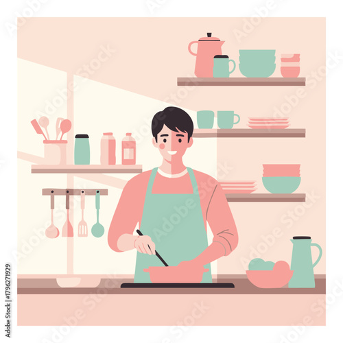 Happy young man cooking delicious food in a bright, modern kitchen, preparing healthy meal with love and care, perfect for lifestyle and family content