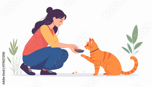 Caring owner lovingly feeding a hungry ginger cat a healthy meal from a bowl, showing affection and companionship