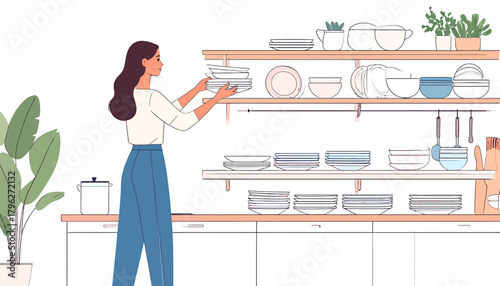 Young woman meticulously arranging clean ceramic dishes on kitchen shelves, highlighting a domestic routine of organization and household care in a modern home