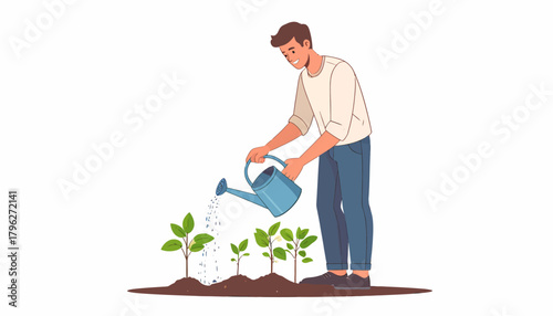 Young man watering small green saplings with a watering can, illustrating concepts of growth, care, and nurturing new life
