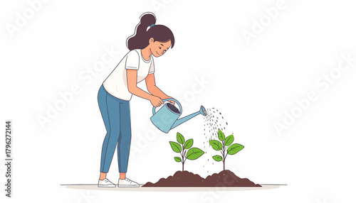 Caring woman diligently waters small green plants, symbolizing personal growth, environmental care, and the simple joy of gardening and nurturing life with dedication