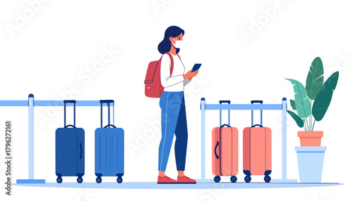 Woman at Airport with Luggage Wearing Mask for Health Safety