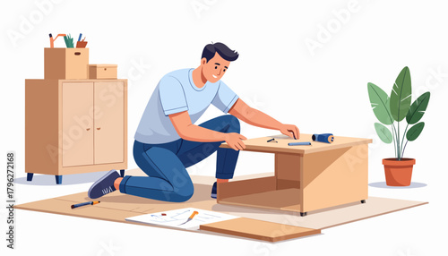 Man assembling furniture, DIY project at home, following instructions for a table, flat vector illustration