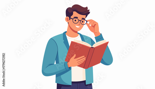 Illustration of a young man wearing glasses intently reading an open book, symbolizing knowledge and education