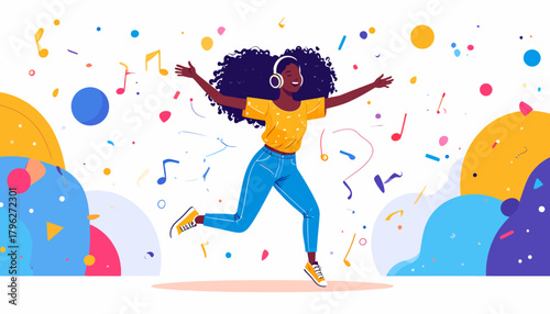 Vibrant illustration of a cheerful woman with headphones dancing happily, surrounded by an explosion of colorful confetti and musical notes, symbolizing joy and freedom