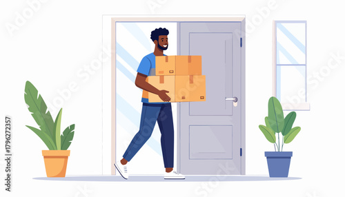 Smiling man with beard carrying stacked cardboard boxes, walking out of a doorway, illustrating home moving, package delivery, or relocation services