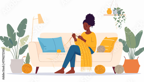 Cozy Scene Woman Knitting at Home with Plants