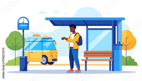 A young African American man with a backpack waiting for public transport at a bus stop, checking the time on his watch