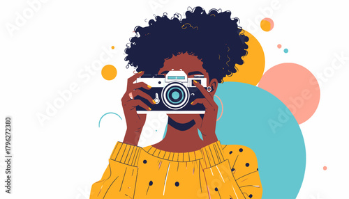 A young woman taking picture with an analog camera in colorful abstract vector illustration