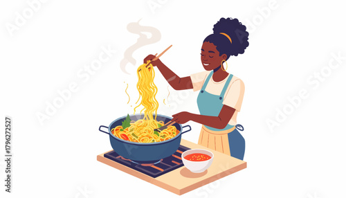 Woman cooking noodles, illustration of a cheerful person preparing a delicious meal in the kitchen