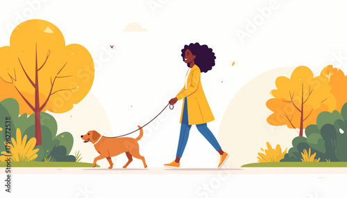 Woman Walking Her Dog in a Colorful Autumn Park