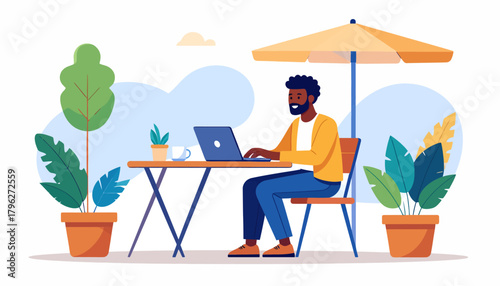 Illustration of a freelancer working remotely on a laptop at a sunny outdoor cafe patio with coffee and plants