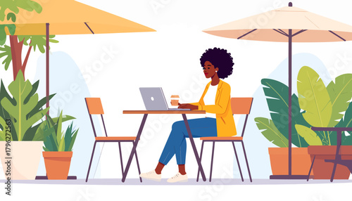 Black Woman Working Outdoors with Laptop and Coffee at a Cafe, Enjoying a Sunny Day