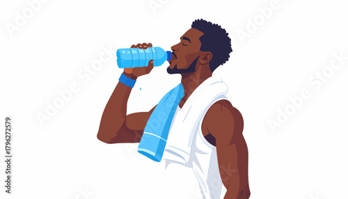 Vibrant illustration of a fit man taking a refreshing drink of water from a bottle after a demanding exercise session, emphasizing hydration and health, with a towel draped around his neck