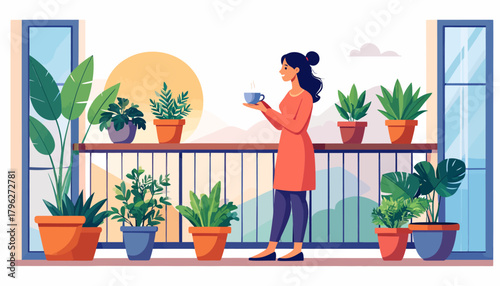 Balcony Bliss Woman enjoying morning coffee amidst lush potted plants and sunny backdrop