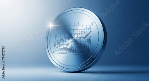 A shiny silver coin with a graph on it, symbolizing financial growth and investment success on a blue background, suggesting stability and prosperity