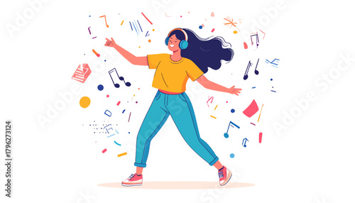 Happy young woman in headphones dancing and listening to music with joy, surrounded by musical notes and confetti in a flat vector illustration