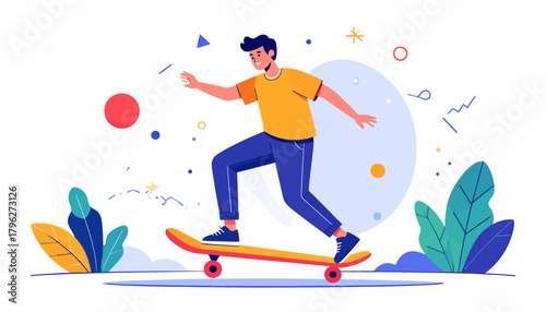 Vibrant illustration of a young man skateboarding with dynamic energy, showcasing a trendy lifestyle and outdoor activity, surrounded by abstract shapes and elements