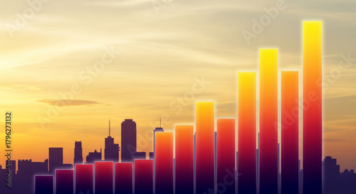 Rising bar graph against a cityscape skyline at sunset, symbolizing economic growth, financial success, and urban development in a vibrant setting