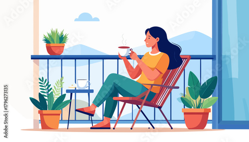Morning Serenity Woman Enjoying Coffee on Balcony with Mountain View