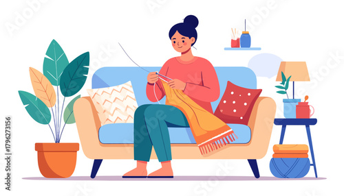Illustration of a woman enjoying her knitting hobby, sitting comfortably on a blue sofa in a cozy living room with plants