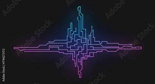 Abstract glowing circuit board design with a futuristic aesthetic, featuring neon colors and a dark background, creating a hightech and modern visual effect