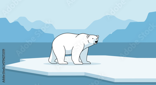 An Illustration of a Polar Bear Standing on Ice Floe amidst a cold Arctic landscape