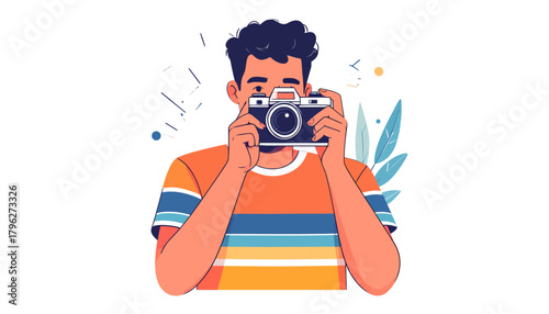 Illustration of a photographer taking a picture with a vintage camera, showcasing the hobby and creative expression