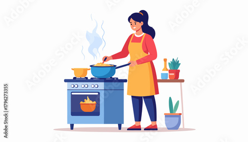 Smiling woman chef preparing a delicious homemade meal in a modern kitchen, stirring a steaming pot on the stove, embodying warmth and domestic culinary joy