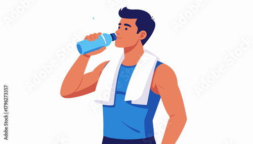 Young athletic man staying hydrated by drinking water from a bottle after a workout or physical activity, emphasizing health and wellness through proper hydration and recovery