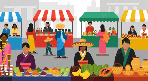 Diverse cultural representation at a global marketplace, offering ethnic products and handcrafted