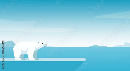Illustration of a polar bear on an ice floe under a blue sky expressing the global warming effects