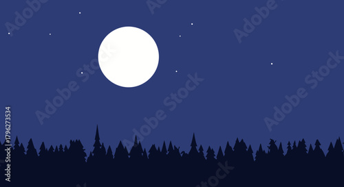 Minimalist illustration of a serene night landscape with a full moon and trees silhouette