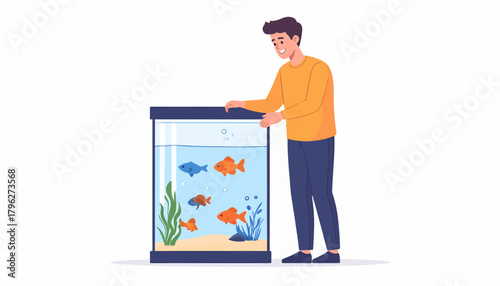 Man admiring his pet fish in a clean aquarium, a serene hobby